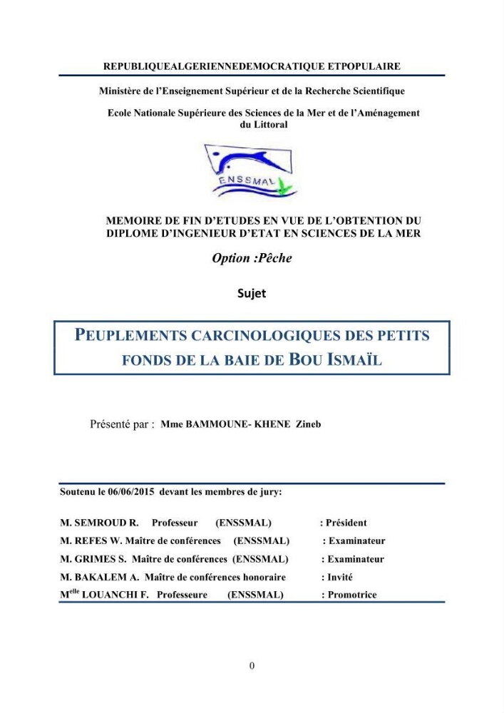 Peuplements carcinologiques des petits fonds de la baie de Bou-Ismail