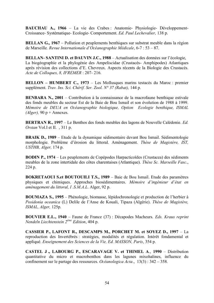 Peuplements carcinologiques des petits fonds de la baie de Bou-Ismail