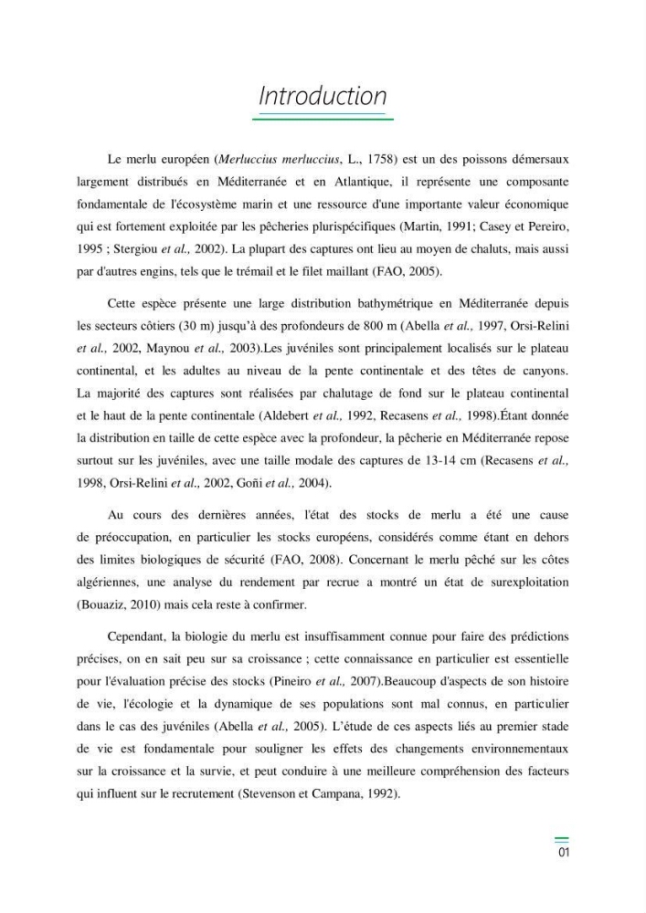 Etude de la variabilité du taux de croissance et écologie alimentaire des juvéniles du Merlu (merluccius merluccius,L.,1758) de la Baie de Jijel: