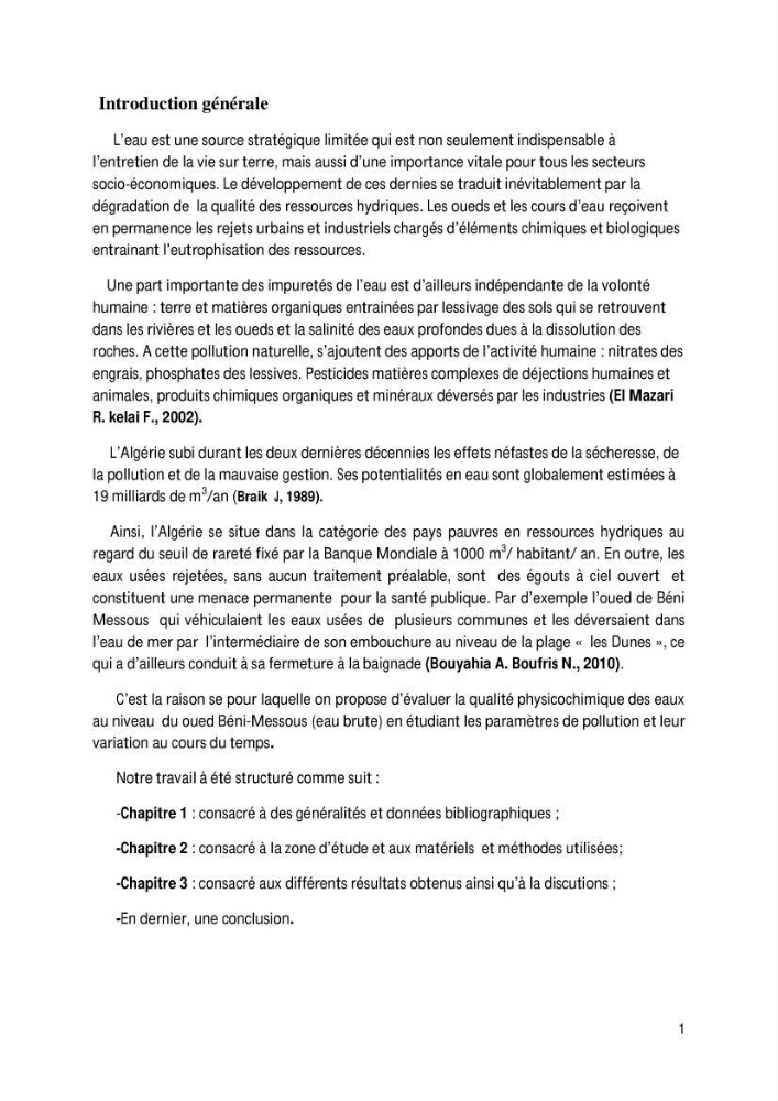 Evaluation des paramètres de l\'oued de Beni-Mssous,Alimentationt la stution d\'éparation avant traitement