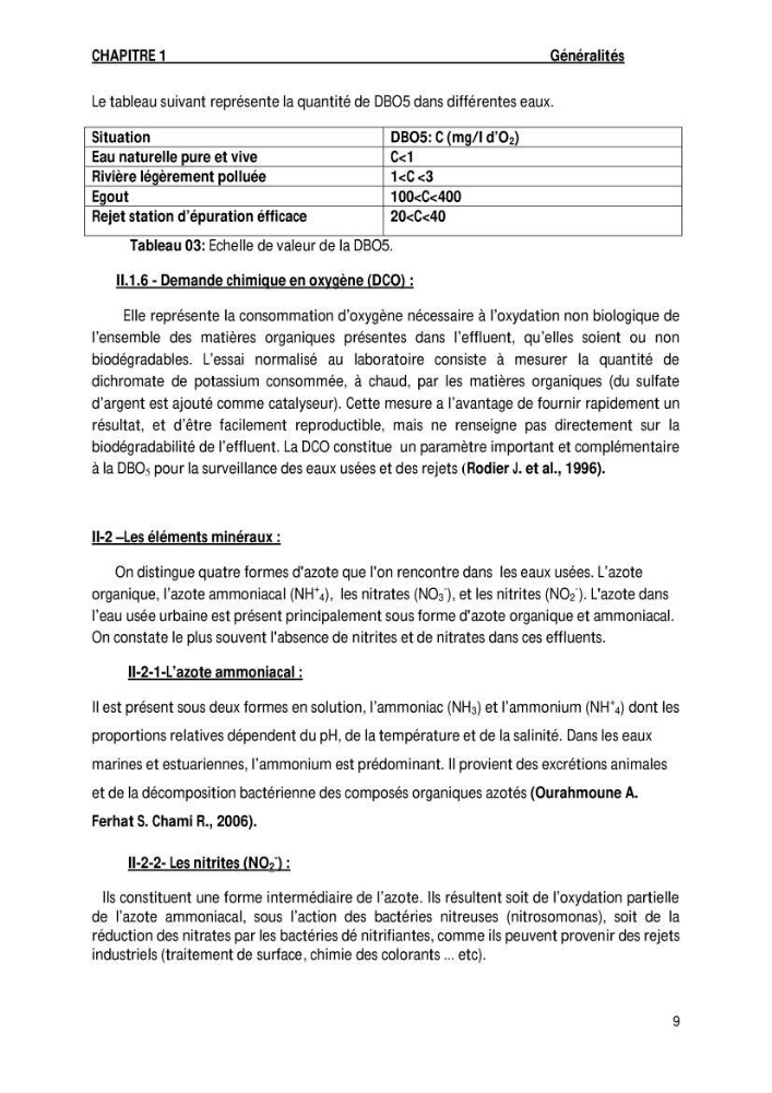 Evaluation des paramètres de l\'oued de Beni-Mssous,Alimentationt la stution d\'éparation avant traitement