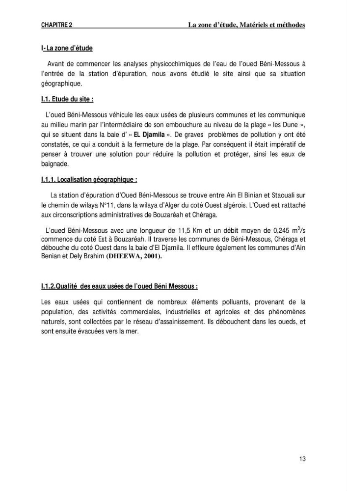 Evaluation des paramètres de l\'oued de Beni-Mssous,Alimentationt la stution d\'éparation avant traitement