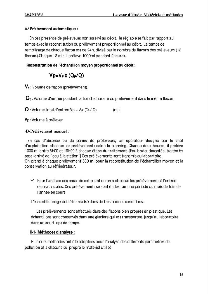Evaluation des paramètres de l\'oued de Beni-Mssous,Alimentationt la stution d\'éparation avant traitement
