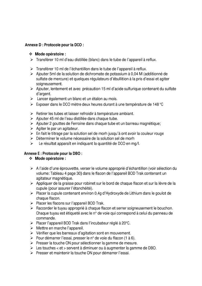 Evaluation des paramètres de l\'oued de Beni-Mssous,Alimentationt la stution d\'éparation avant traitement