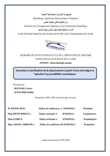 Extraction et purification de la phycocyanine à partir d’une microalgue *spiruline*caux possibilites cosmetiques. Extraction et purification de la phycocyanine à partir d’une microalgue *spiruline*caux possibilites cosmetiques.