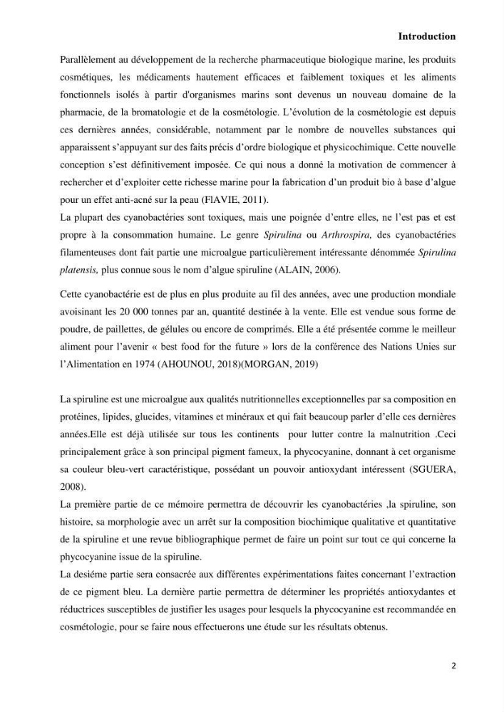 Extraction et purification de la phycocyanine à partir d’une microalgue *spiruline*caux possibilites cosmetiques.