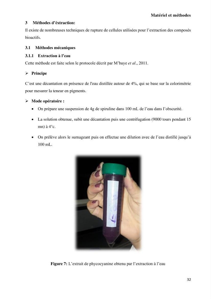 Extraction et purification de la phycocyanine à partir d’une microalgue *spiruline*caux possibilites cosmetiques.