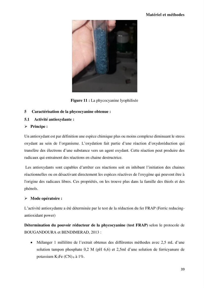 Extraction et purification de la phycocyanine à partir d’une microalgue *spiruline*caux possibilites cosmetiques.