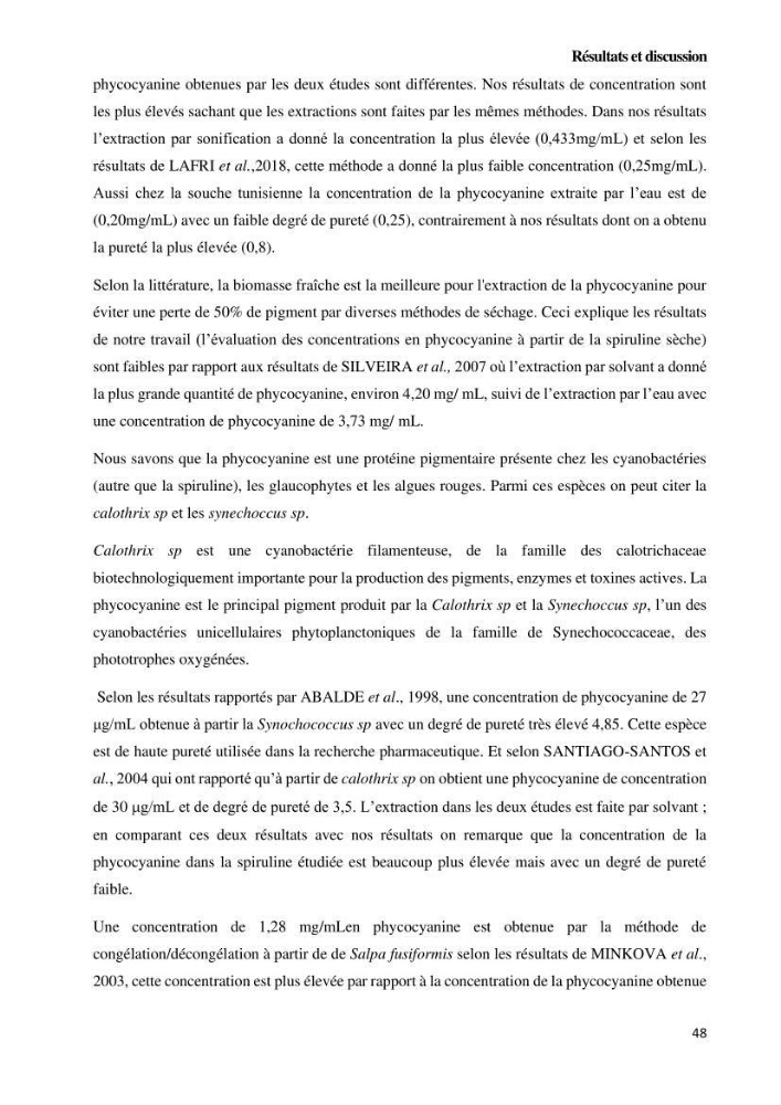 Extraction et purification de la phycocyanine à partir d’une microalgue *spiruline*caux possibilites cosmetiques.