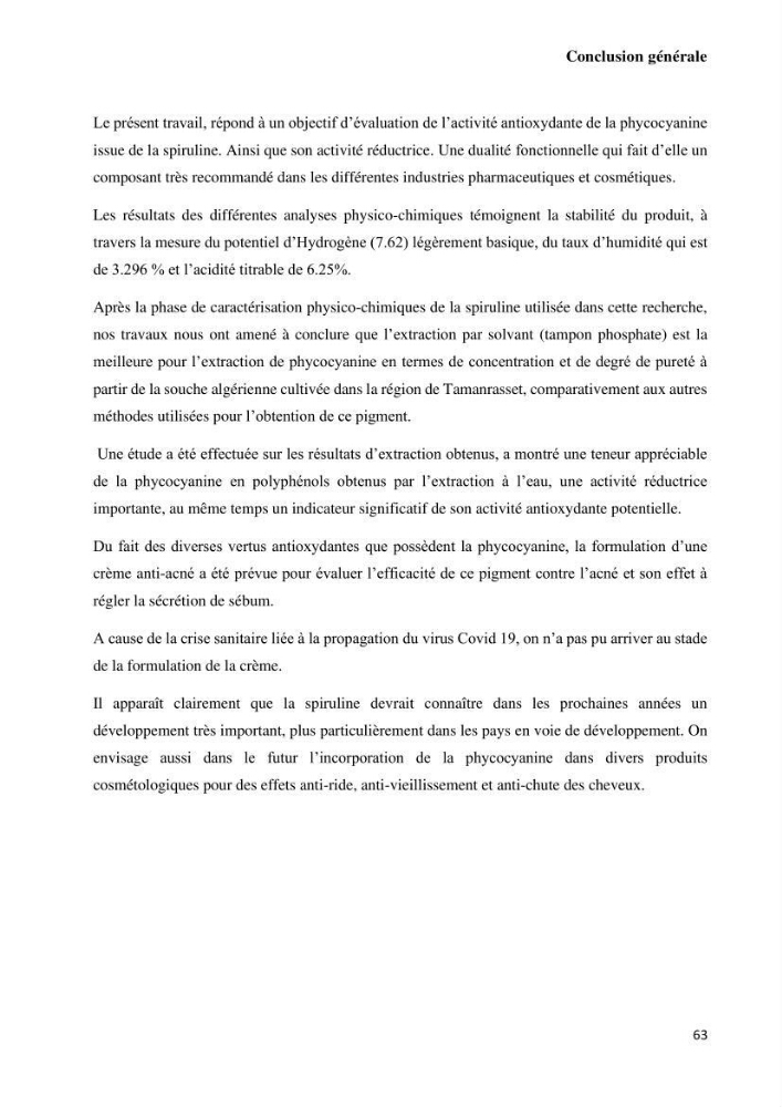 Extraction et purification de la phycocyanine à partir d’une microalgue *spiruline*caux possibilites cosmetiques.