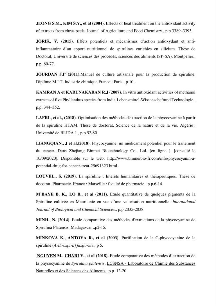Extraction et purification de la phycocyanine à partir d’une microalgue *spiruline*caux possibilites cosmetiques.
