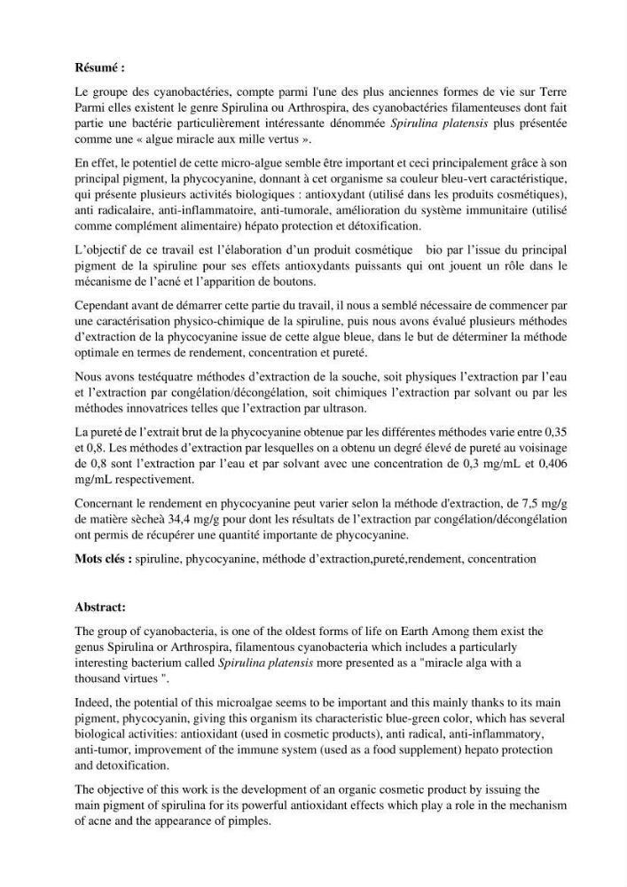Extraction et purification de la phycocyanine à partir d’une microalgue *spiruline*caux possibilites cosmetiques.