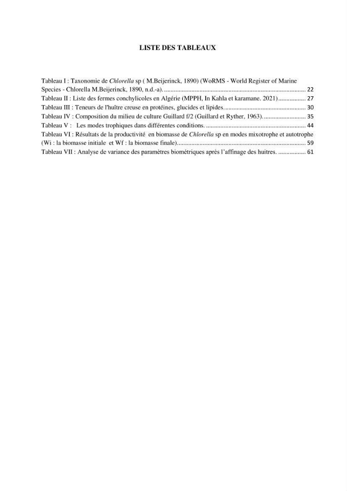 Suivi d’un élevage ostréicole Affinage des huîtres creuses Crassostrea gigas en présence de Chlorella sp.
