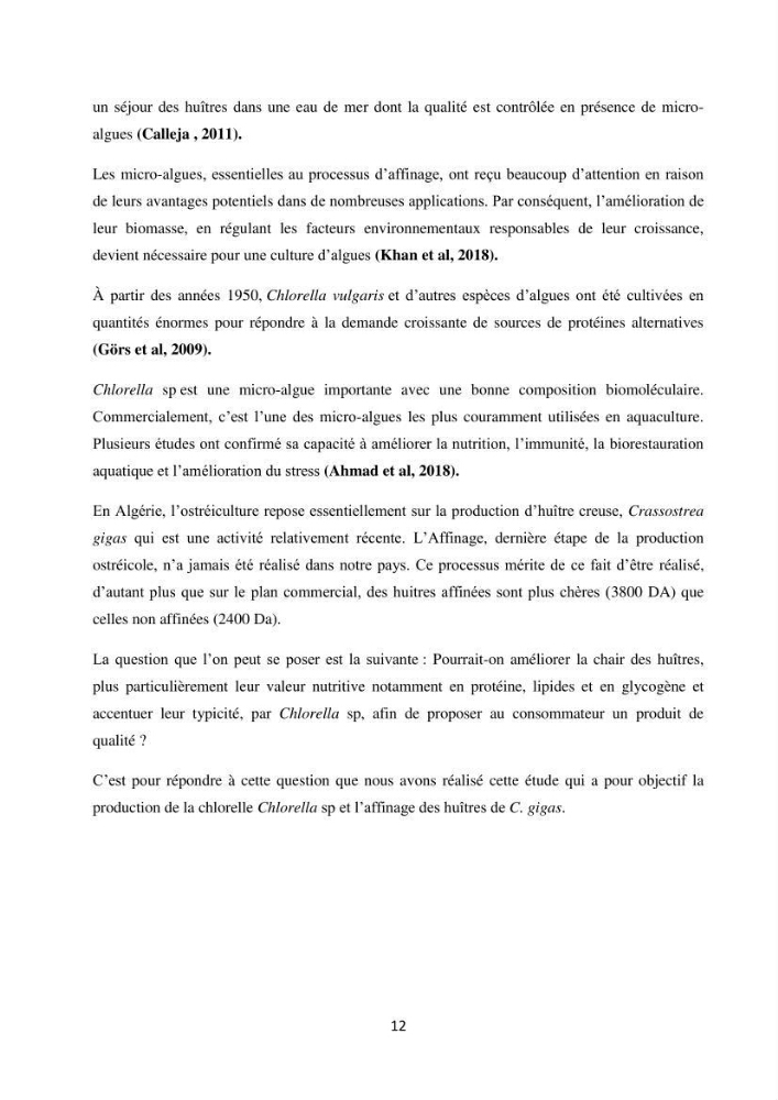 Suivi d’un élevage ostréicole Affinage des huîtres creuses Crassostrea gigas en présence de Chlorella sp.