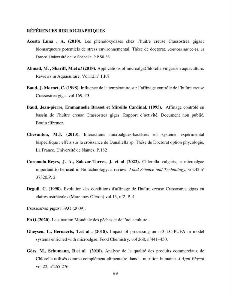 Suivi d’un élevage ostréicole Affinage des huîtres creuses Crassostrea gigas en présence de Chlorella sp.