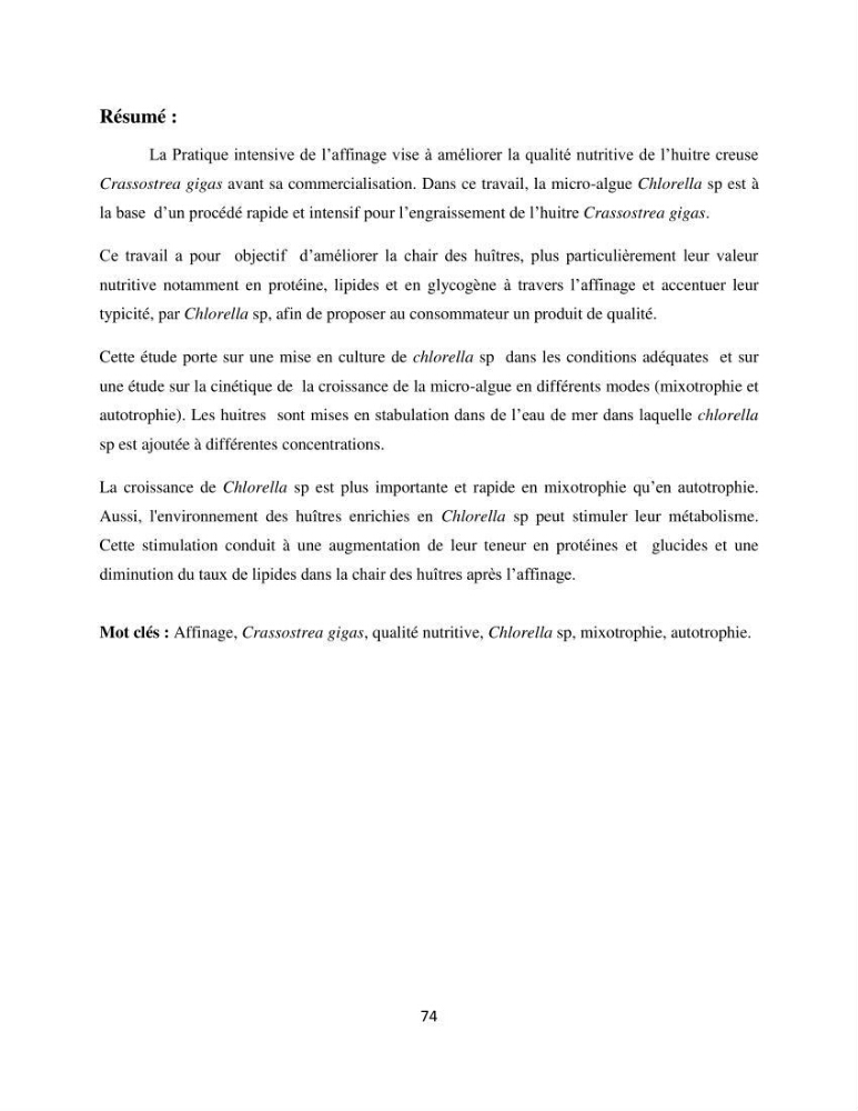 Suivi d’un élevage ostréicole Affinage des huîtres creuses Crassostrea gigas en présence de Chlorella sp.