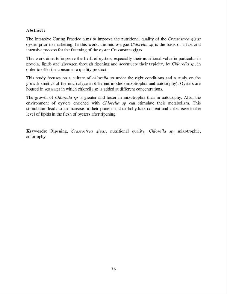 Suivi d’un élevage ostréicole Affinage des huîtres creuses Crassostrea gigas en présence de Chlorella sp.