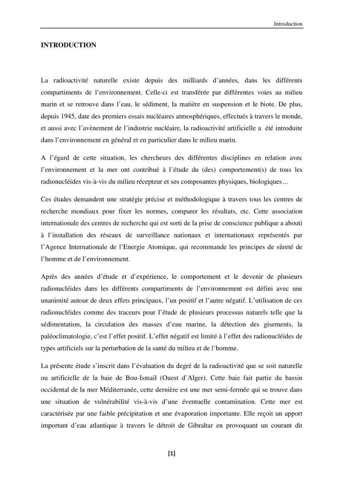 Etude de la répartition de la radioactivité naturelle, et de la minéralogie dans les carottes de sédiments, dans la baie de Bou-Ismail