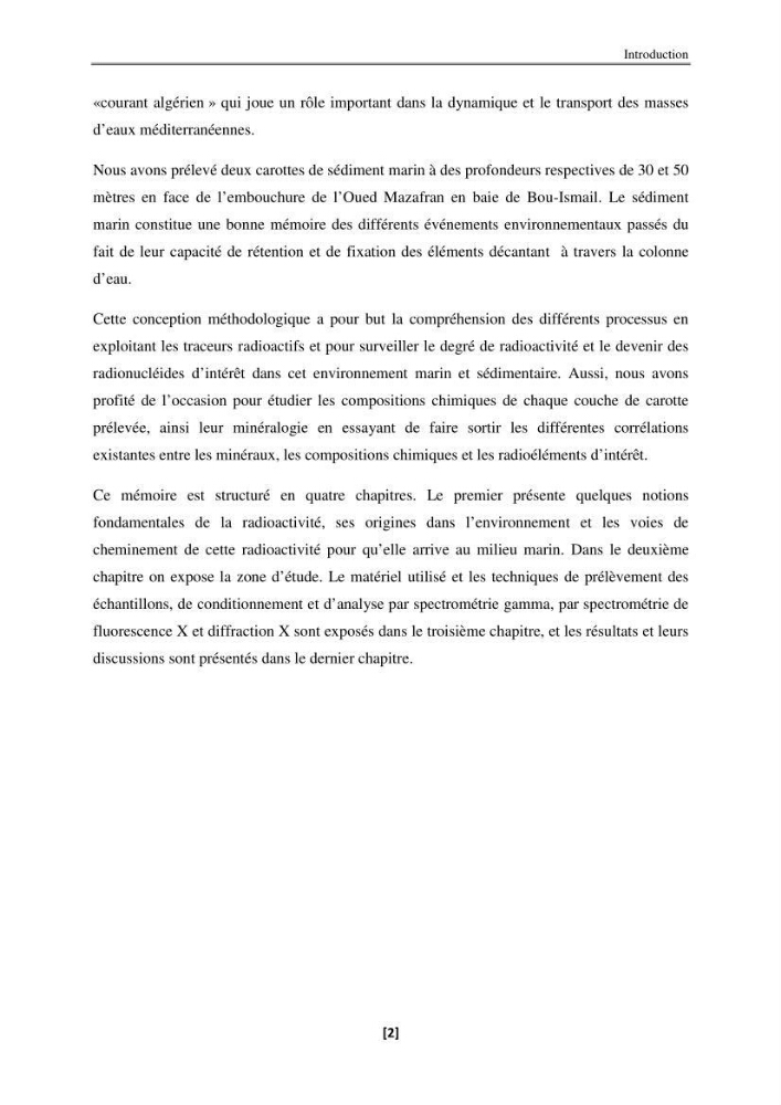 Etude de la répartition de la radioactivité naturelle, et de la minéralogie dans les carottes de sédiments, dans la baie de Bou-Ismail