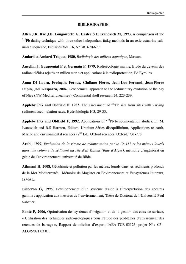 Etude de la répartition de la radioactivité naturelle, et de la minéralogie dans les carottes de sédiments, dans la baie de Bou-Ismail