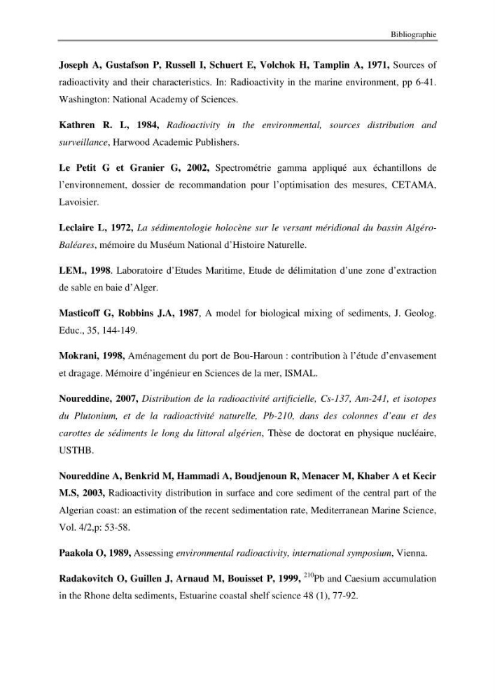 Etude de la répartition de la radioactivité naturelle, et de la minéralogie dans les carottes de sédiments, dans la baie de Bou-Ismail