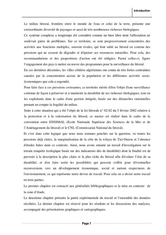 Evaluation de l\'état de mise en oeuvre de la loi 02-02 du 5 février 2002 relative à la protection et à la valorisation du littoral dans la wilaya de Tizi-Ouzou