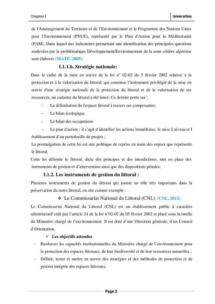 Evaluation de l\'état de mise en oeuvre de la loi 02-02 du 5 février 2002 relative à la protection et à la valorisation du littoral dans la wilaya de Tizi-Ouzou