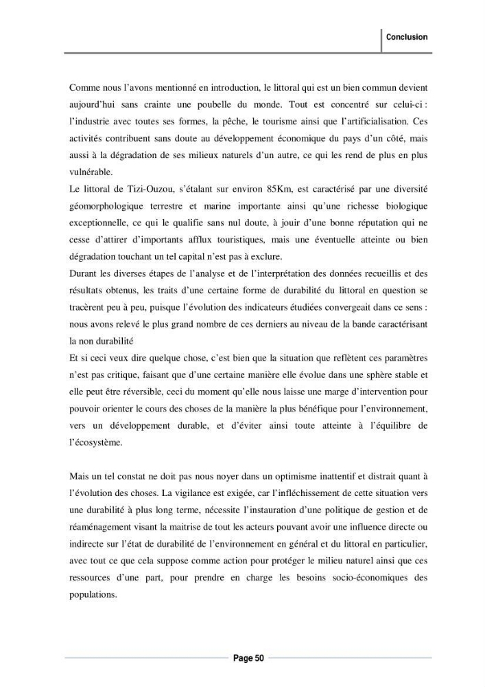 Evaluation de l\'état de mise en oeuvre de la loi 02-02 du 5 février 2002 relative à la protection et à la valorisation du littoral dans la wilaya de Tizi-Ouzou