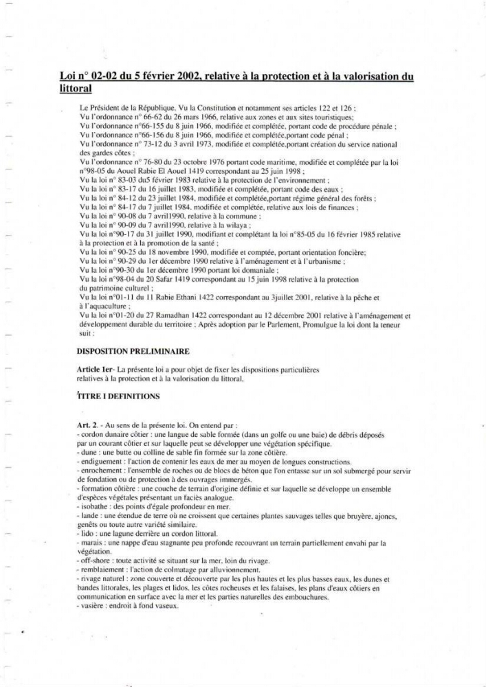 Evaluation de l\'état de mise en oeuvre de la loi 02-02 du 5 février 2002 relative à la protection et à la valorisation du littoral dans la wilaya de Tizi-Ouzou