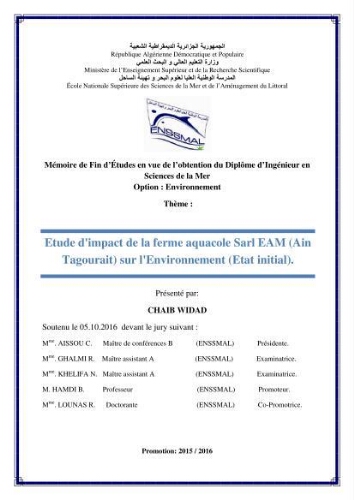 Etude d'impact de la ferme aquacole Sarl EAM (Ain Tagourait) sur l'environnement (Etat initial): Etude d'impact de la ferme aquacole Sarl EAM (Ain Tagourait) sur l'environnement (Etat initial):