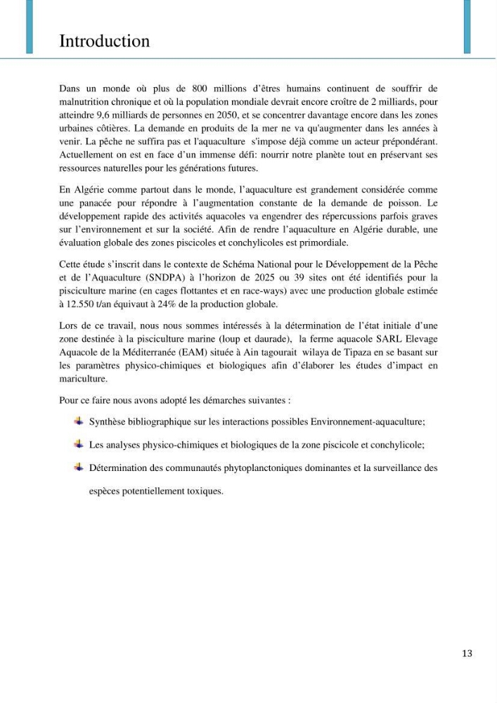 Etude d\'impact de la ferme aquacole Sarl EAM (Ain Tagourait) sur l\'environnement (Etat initial):