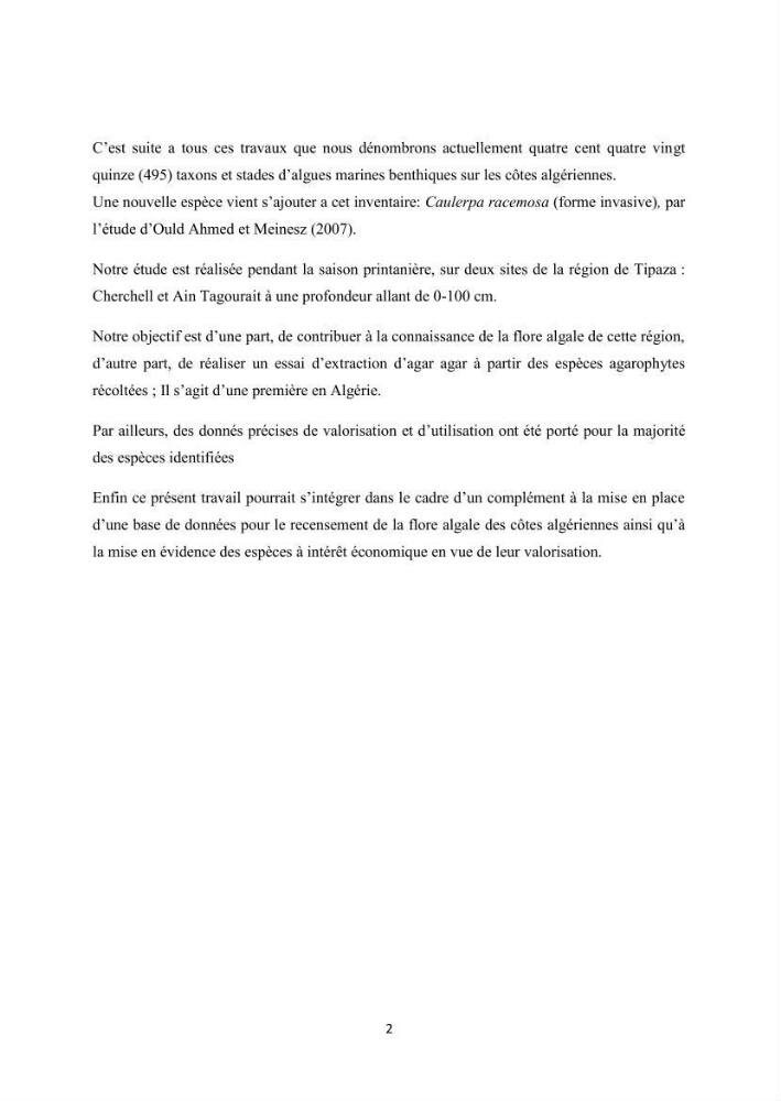 Recherche des espèces algales à intérêt aquacole dans la région de Tipaza