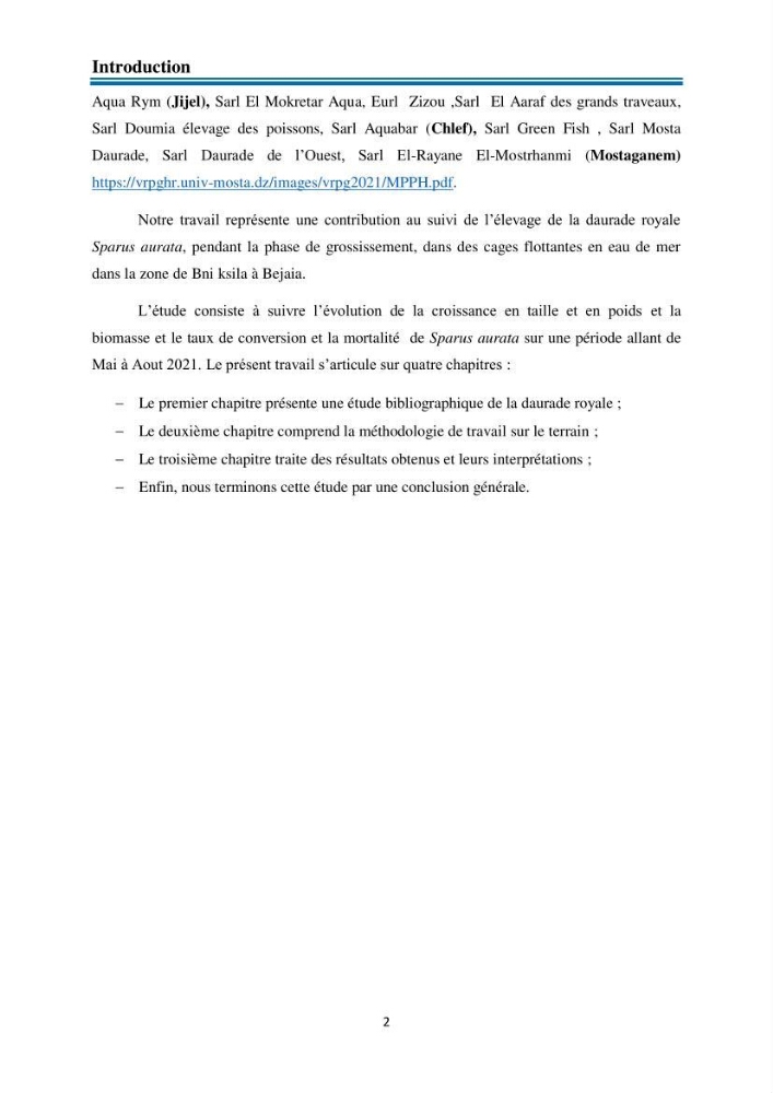Evolution de la croissance de la daurade d’élevage au niveau de la ferme SRL AQUACAP (Beni Ksila, Béjaia):