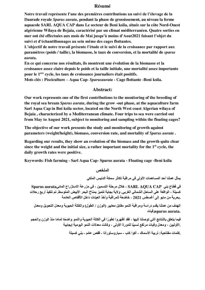Evolution de la croissance de la daurade d’élevage au niveau de la ferme SRL AQUACAP (Beni Ksila, Béjaia):