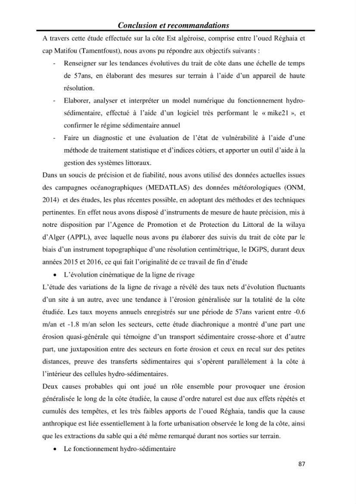 Etude et évaluation de l\'état de la vulnérabilité du système côtier de la zone Est-Algéroise