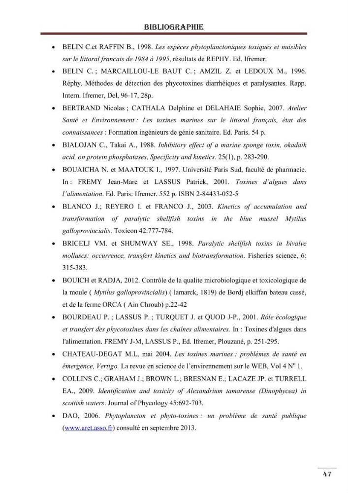 Synthèse bibliographique sur les phycotoxines