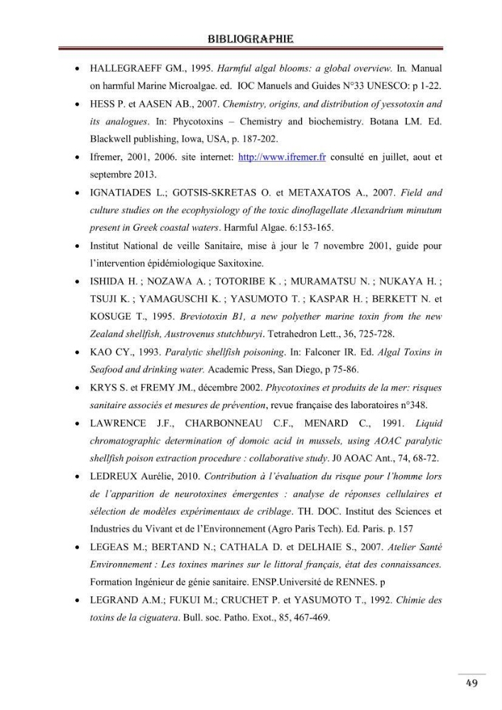 Synthèse bibliographique sur les phycotoxines