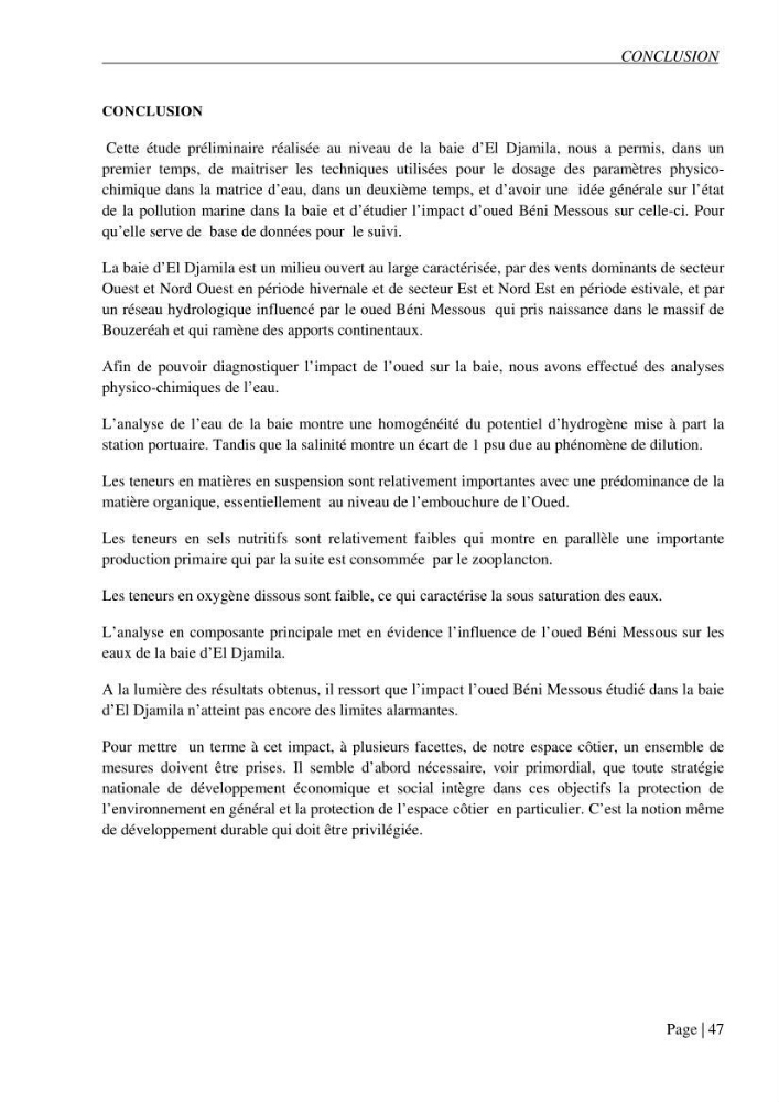 Contribution a l\'étude de la baie d\'El Djamila