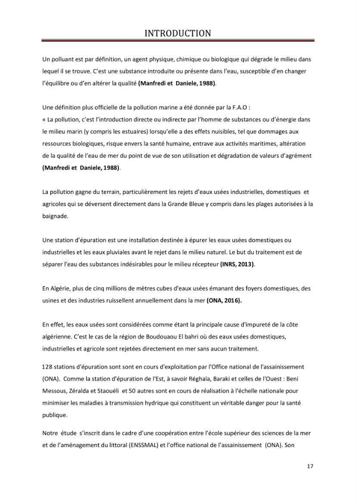 Contribution a L\'étude des parametres physico-chimique et bactériologiques du littoral de boudouaou el bahri pour la création d\'une station d\'une station d\'épuration