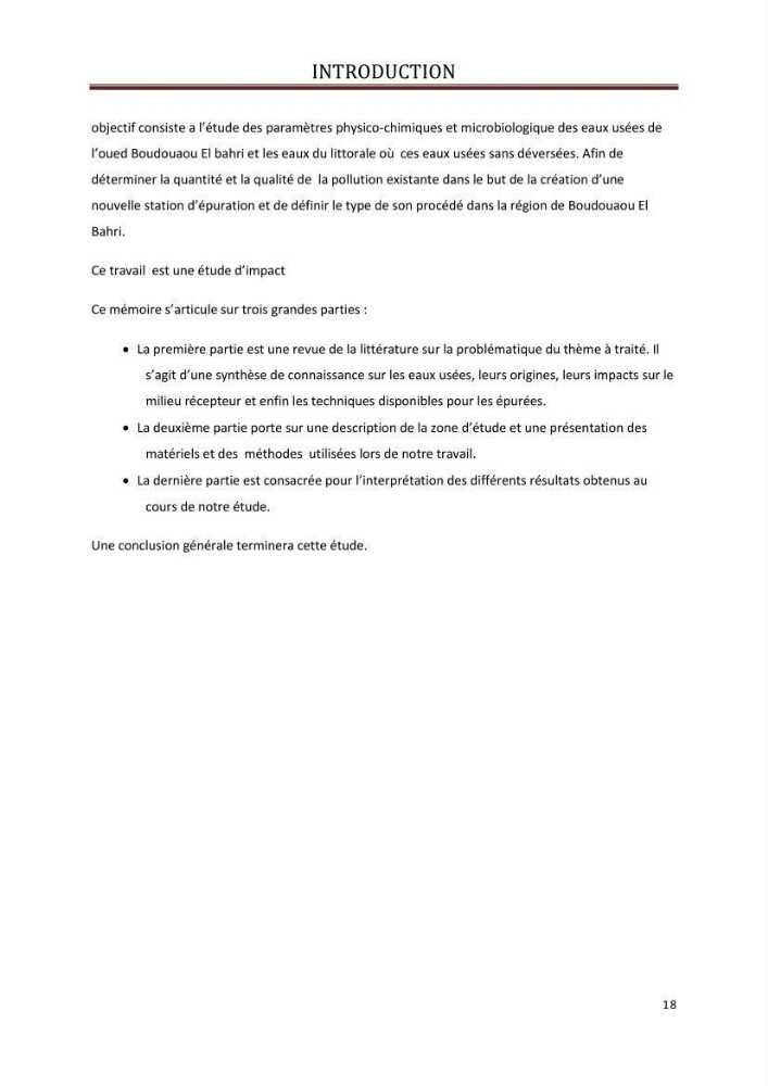 Contribution a L\'étude des parametres physico-chimique et bactériologiques du littoral de boudouaou el bahri pour la création d\'une station d\'une station d\'épuration