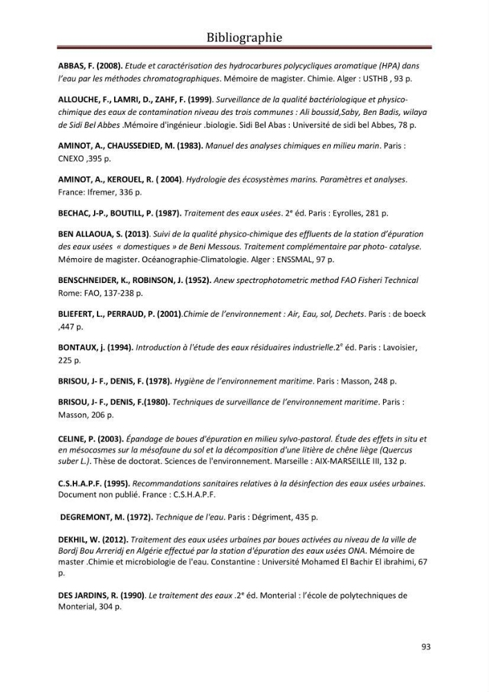 Contribution a L\'étude des parametres physico-chimique et bactériologiques du littoral de boudouaou el bahri pour la création d\'une station d\'une station d\'épuration