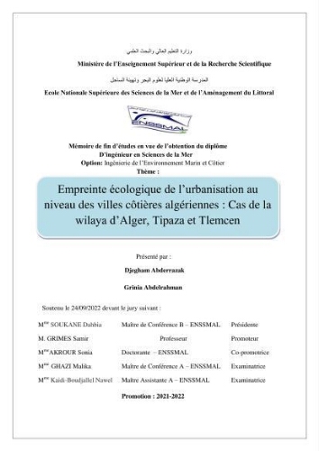 Empreinte écologique de l'urbanisation au niveau des villes côtières algeriennes: cas de la wilaya d'Alger,Tipaza et Tlemcen Empreinte écologique de l'urbanisation au niveau des villes côtières algeriennes: cas de la wilaya d'Alger,Tipaza et Tlemcen