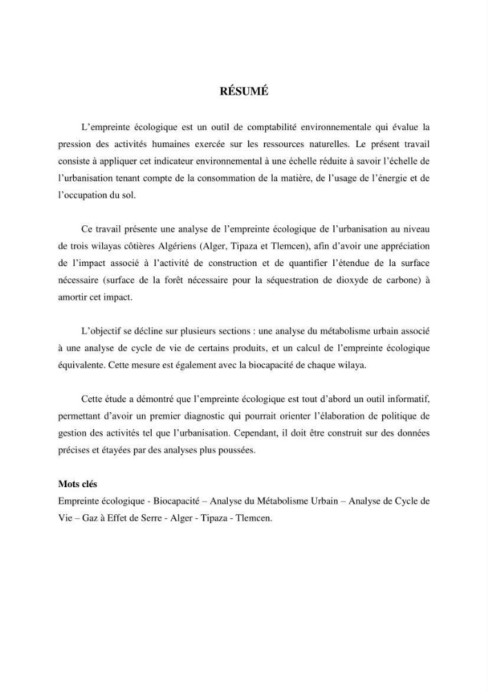 Empreinte écologique de l\'urbanisation au niveau des villes côtières algeriennes: cas de la wilaya d\'Alger,Tipaza et Tlemcen