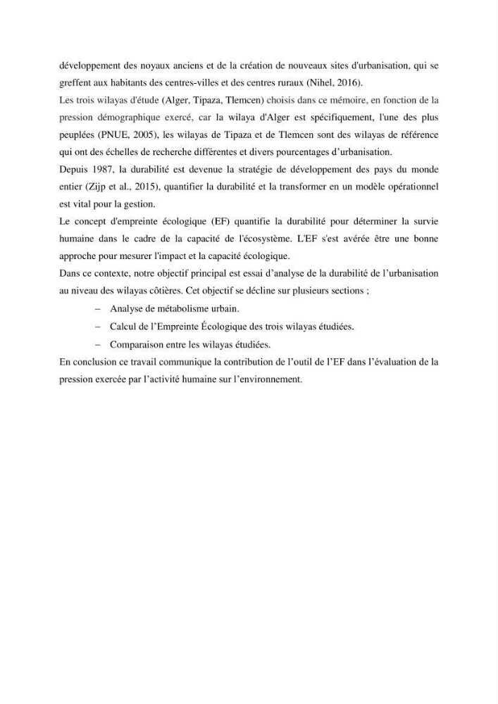 Empreinte écologique de l\'urbanisation au niveau des villes côtières algeriennes: cas de la wilaya d\'Alger,Tipaza et Tlemcen