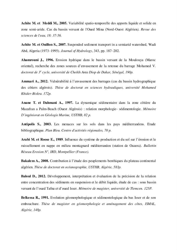 Les débits liquides et solides des cours d\'eau algériens et leur impact sur le milieu marin et littoral (bassin versant de l\'Isser et Mazafran).