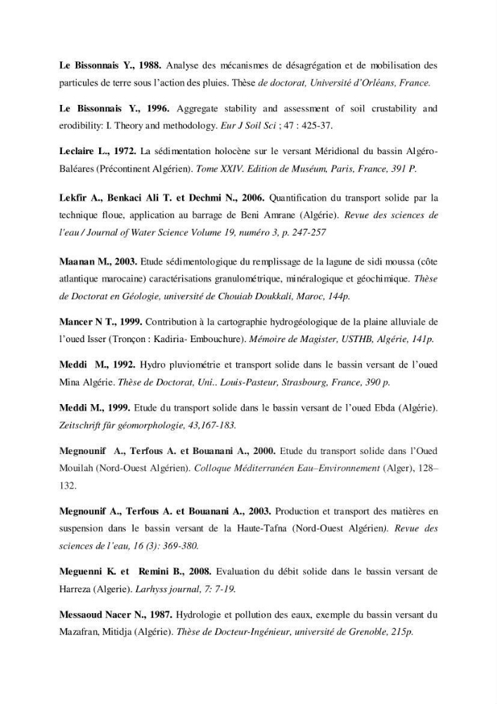 Les débits liquides et solides des cours d\'eau algériens et leur impact sur le milieu marin et littoral (bassin versant de l\'Isser et Mazafran).