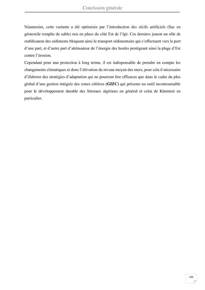 Etude hydrosédimentaire du rivage de Khemisti: application de la modelisation numérique en domaine bidimensionnel par un logiciel de calcul MIKE 21