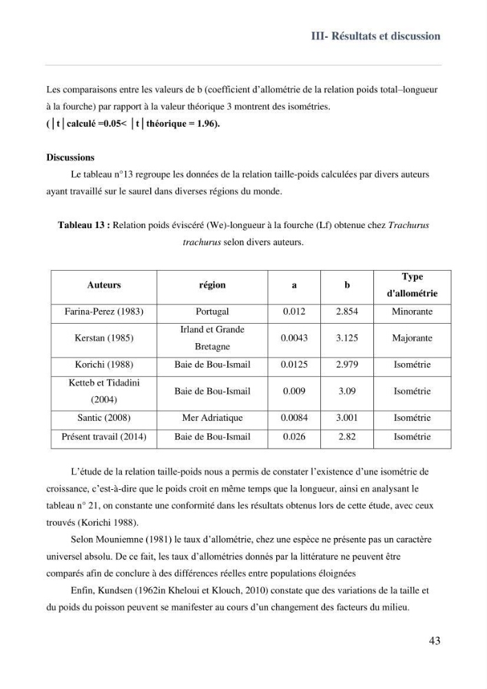 Contribution à l\'étude des paramètres biologiques et d\'exploitation de saurel Trachurus Trachurus ( Linne, 1758) dans la baie de Bou-Ismail: