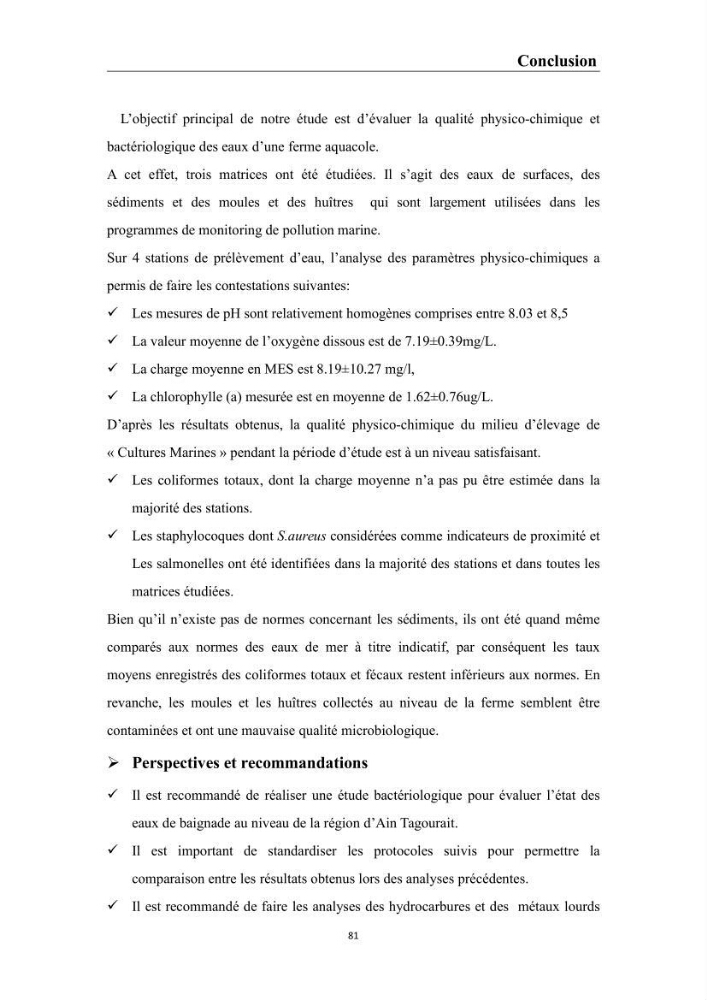 Contribution à l’évaluation de la qualité environmental d’une ferme aquacole