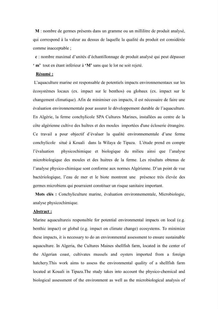 Contribution à l’évaluation de la qualité environmental d’une ferme aquacole